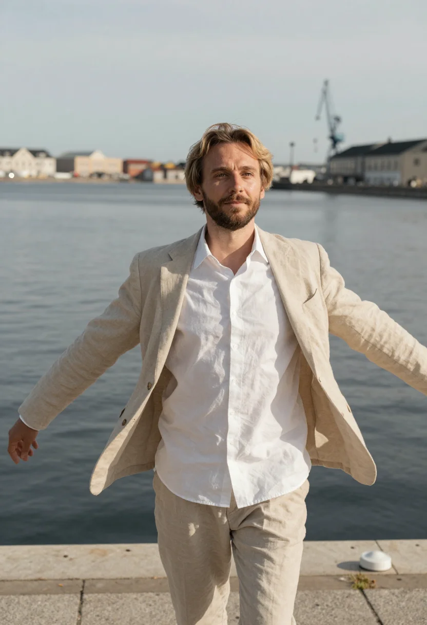 AI another round copenhagen harbour jump linen sample — portrait of a man, a teacher in his early fifties of Polish