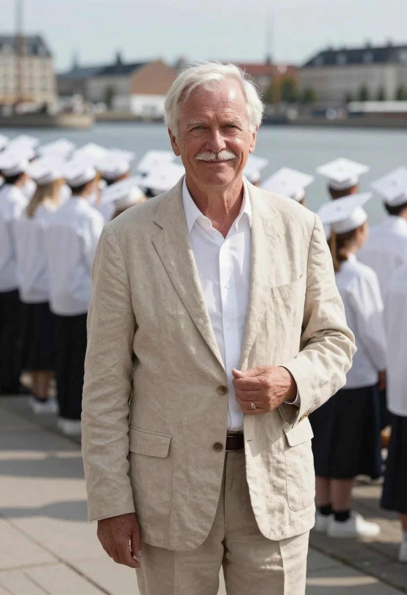 AI another round copenhagen harbour jump linen sample — portrait of a man, a teacher in his sixties of Danish descen