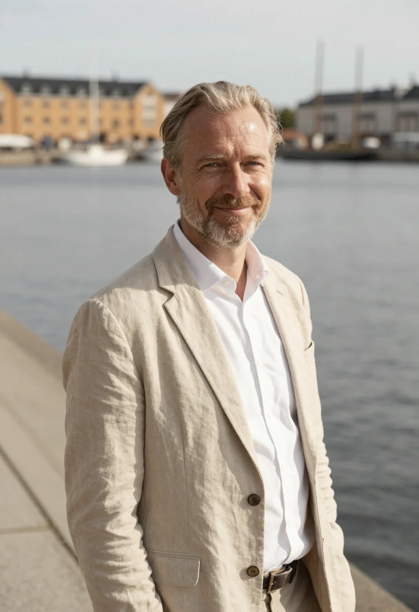 AI another round copenhagen harbour jump linen sample — portrait of a man, a teacher in his early fifties of Danish