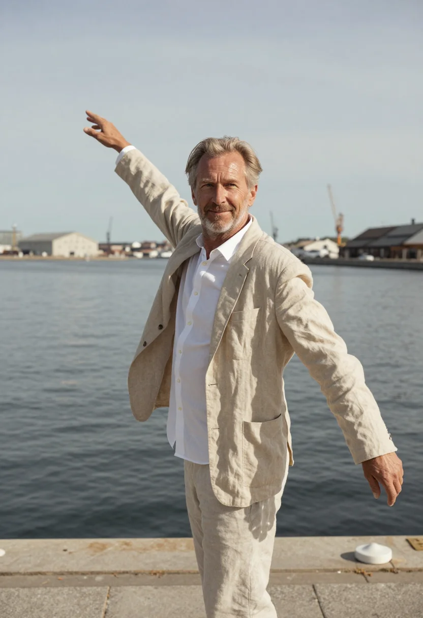 AI another round copenhagen harbour jump linen sample — portrait of a man, a teacher in his late fifties of Danish d