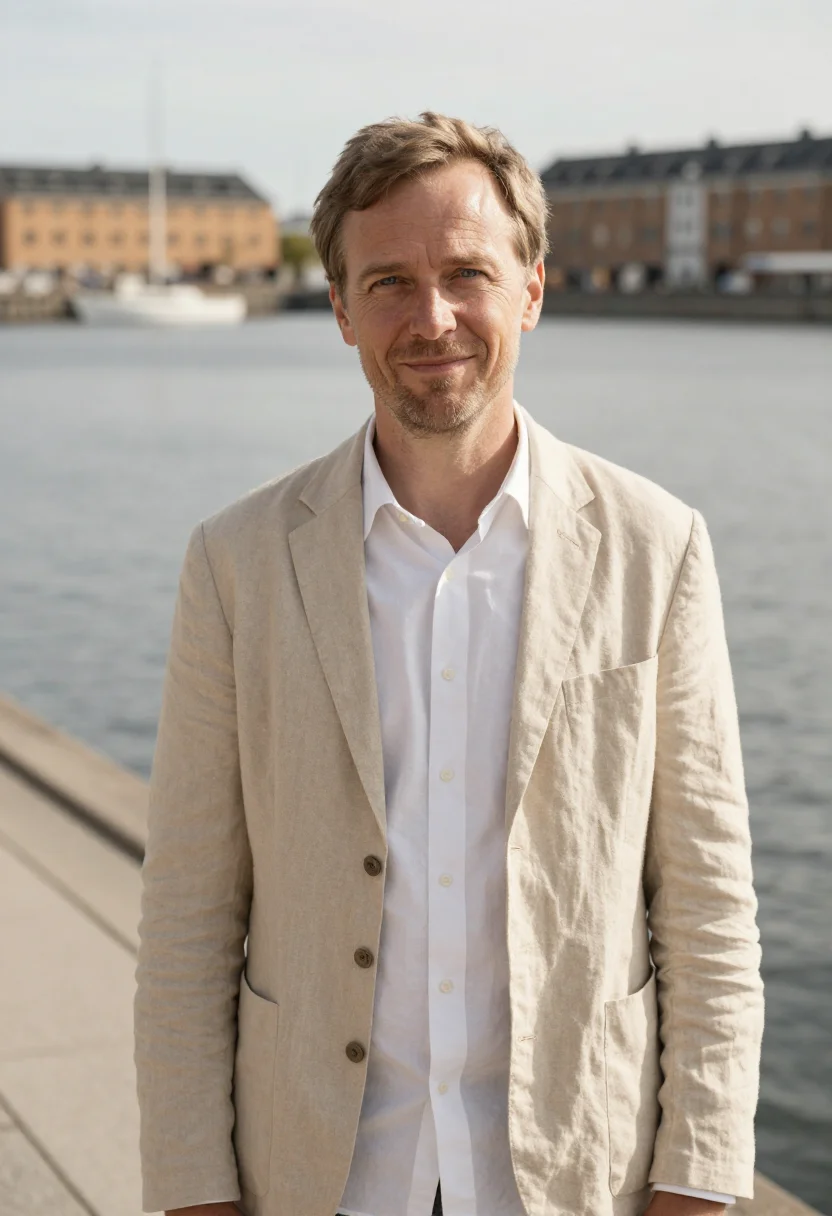 AI another round copenhagen harbour jump linen sample — portrait of a man, a teacher in his late forties of Swedish
