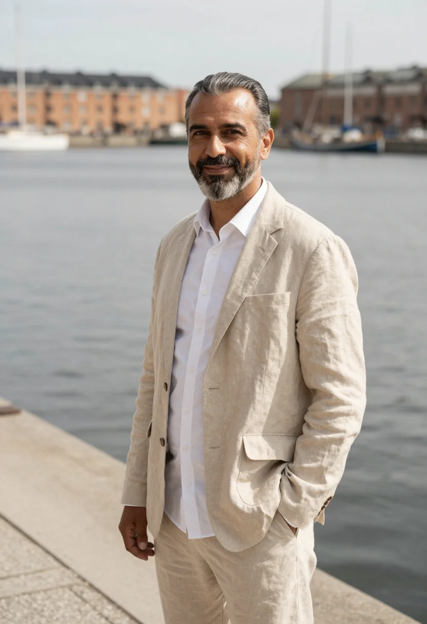 AI another round copenhagen harbour jump linen sample — portrait of a man, a teacher in his mid-fifties of Danish-Ir