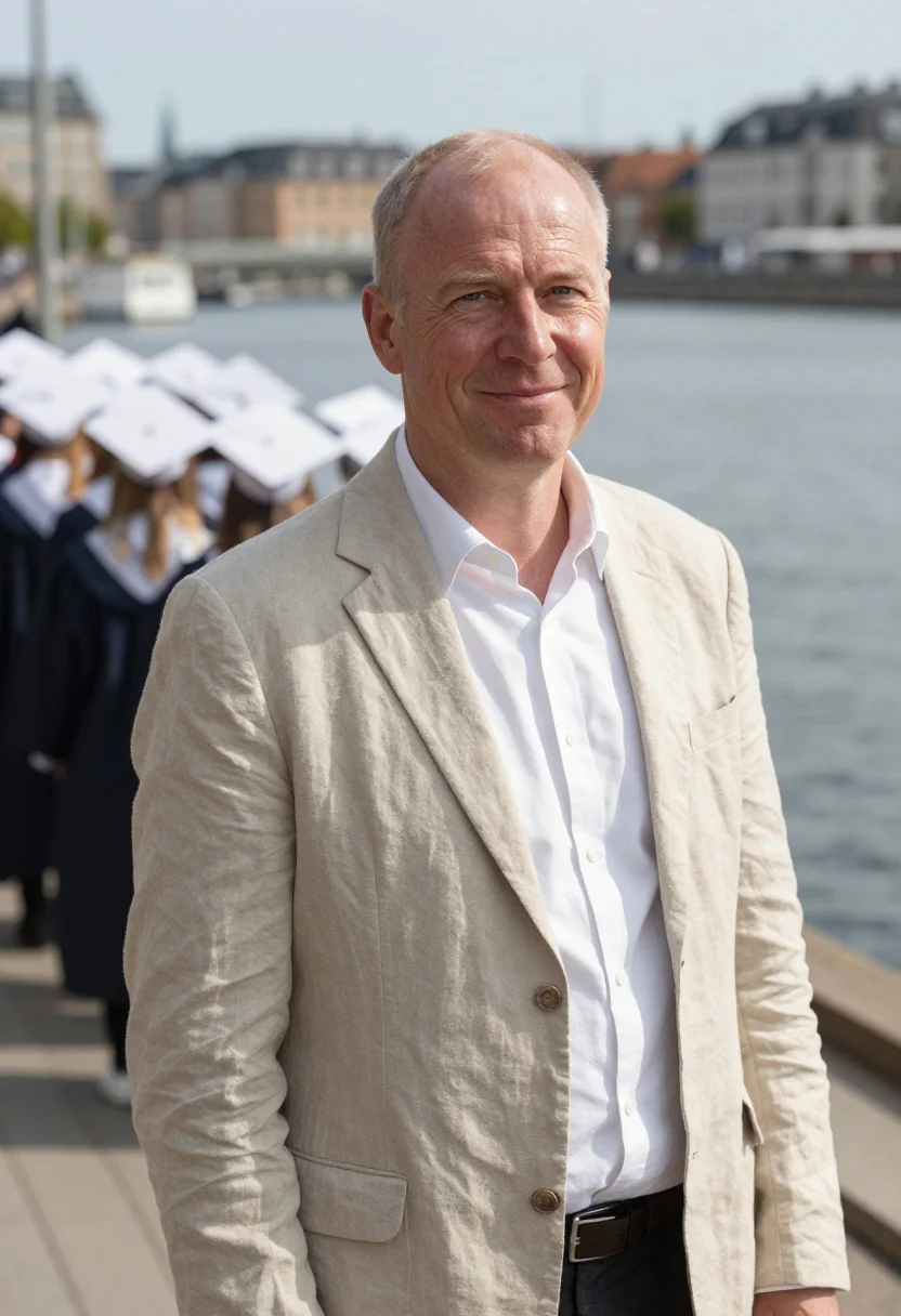 AI another round copenhagen harbour jump linen sample — portrait of a man, a teacher in his early fifties of Norwegi