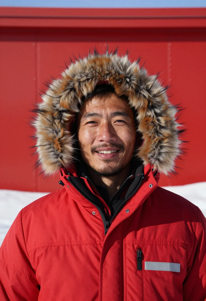 AI antarctic station red sample — portrait of a man, tight head-and-shoulders portrait of an E