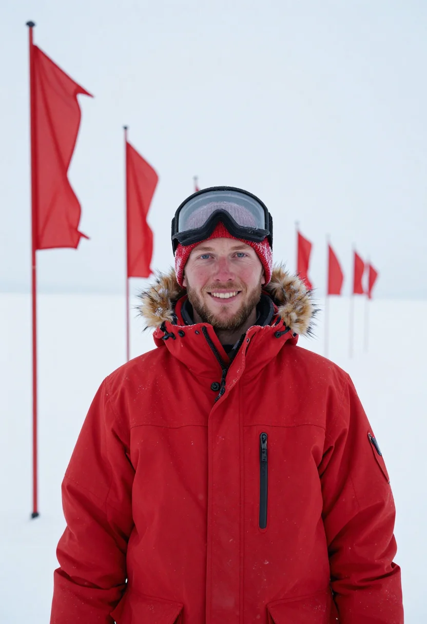 AI antarctic station red sample — portrait of a man, chest-up portrait of a Nordic man in his