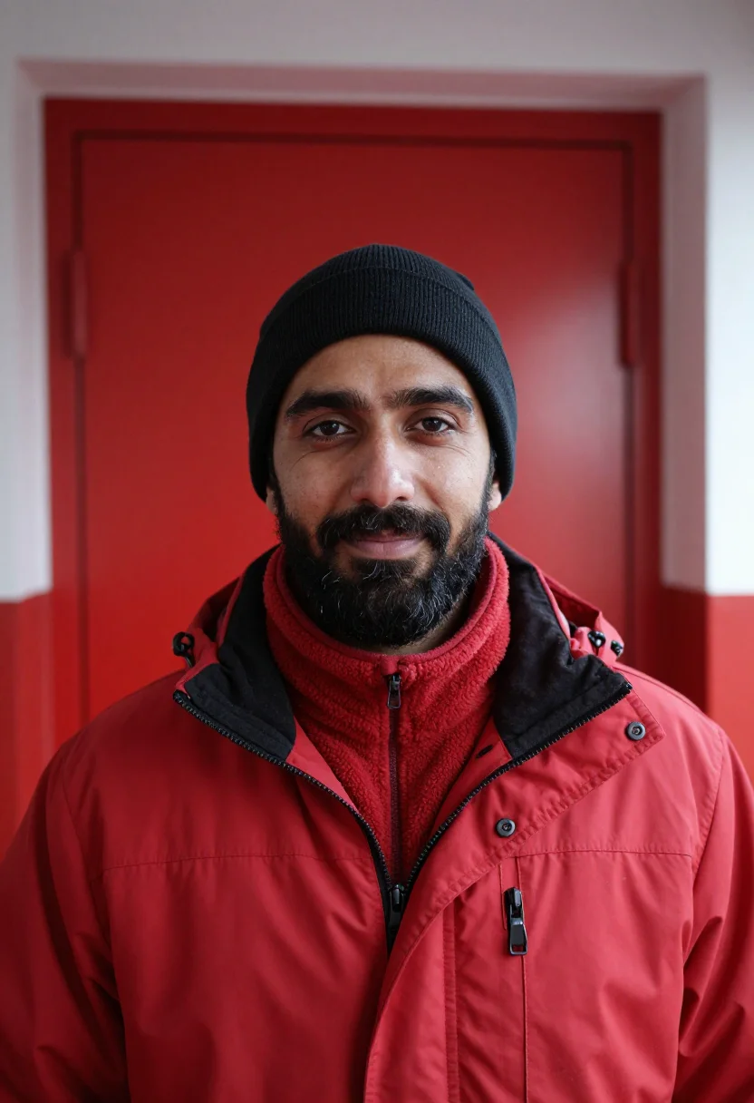 AI antarctic station red sample — portrait of a man, tight head-and-shoulders portrait of a Me