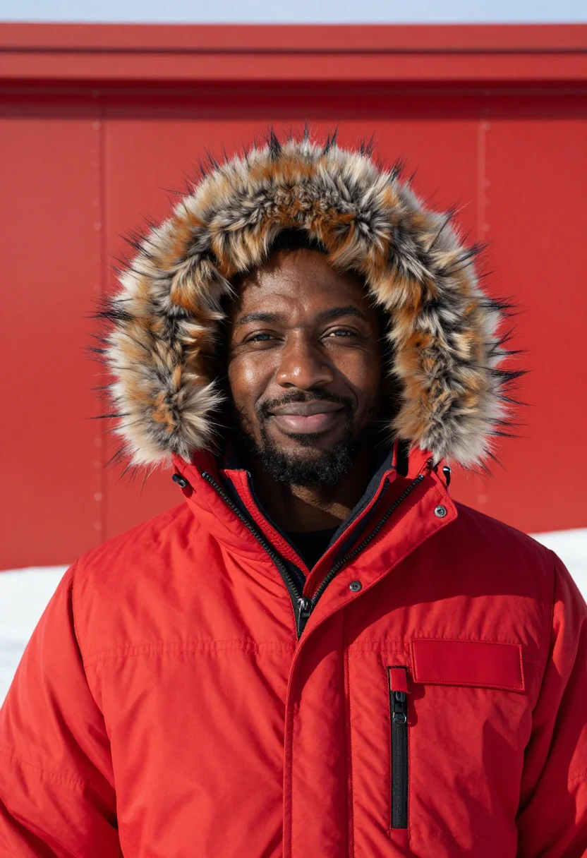 AI antarctic station red sample — portrait of a man, head-and-shoulders portrait of a Black Eu
