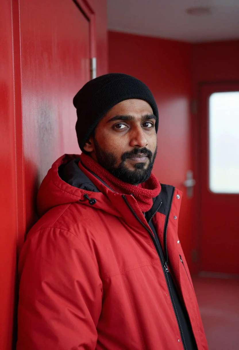 AI antarctic station red sample — portrait of a man, head-and-shoulders portrait of a South-As
