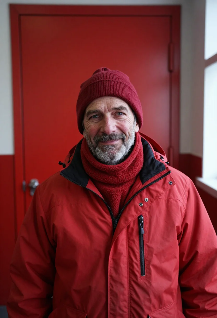 AI antarctic station red sample — portrait of a man, chest-up portrait of a Western-European m