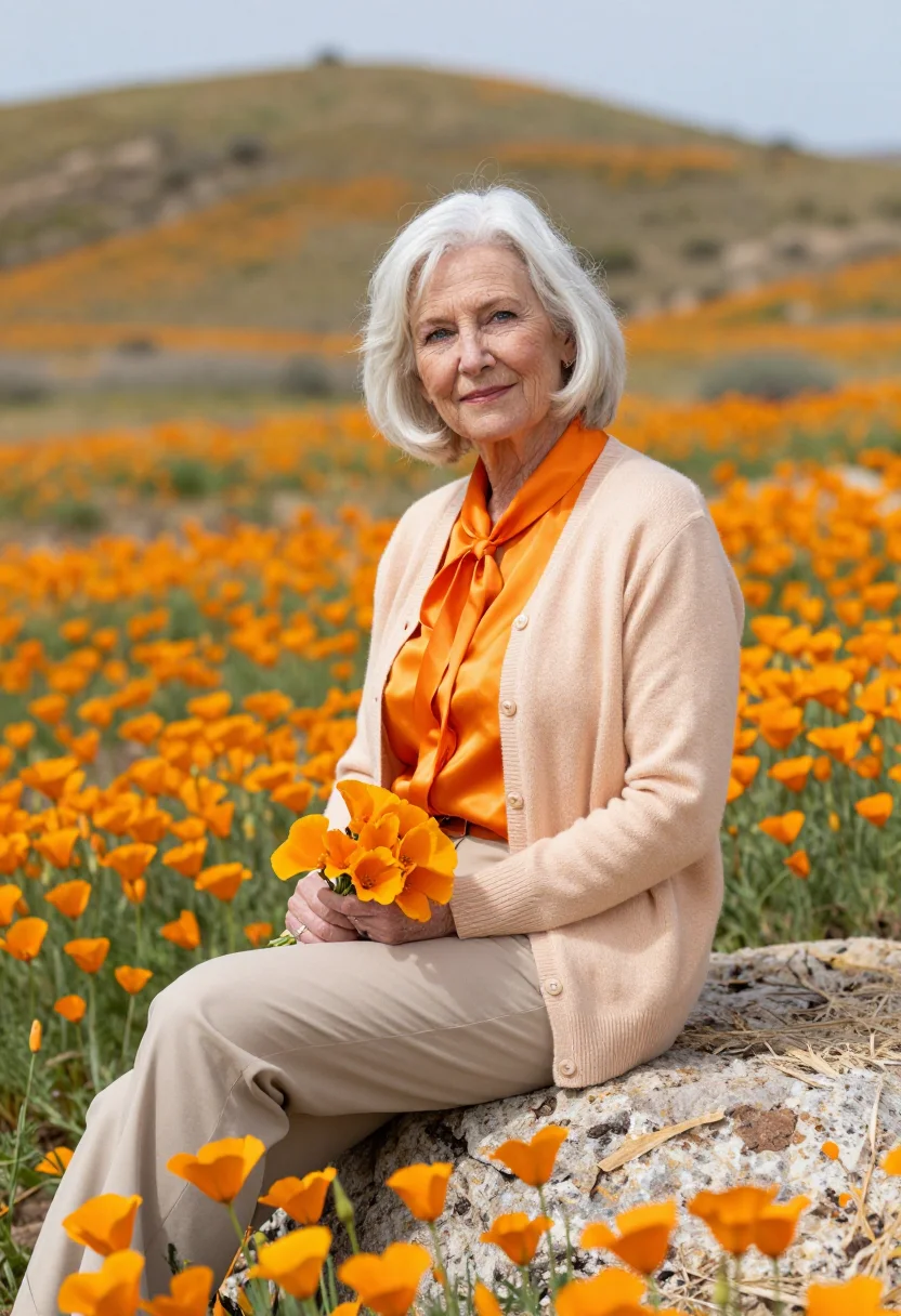 AI antelope valley florist poppy orange sample — portrait of a woman, in her sixties, with fair skin, blue ey