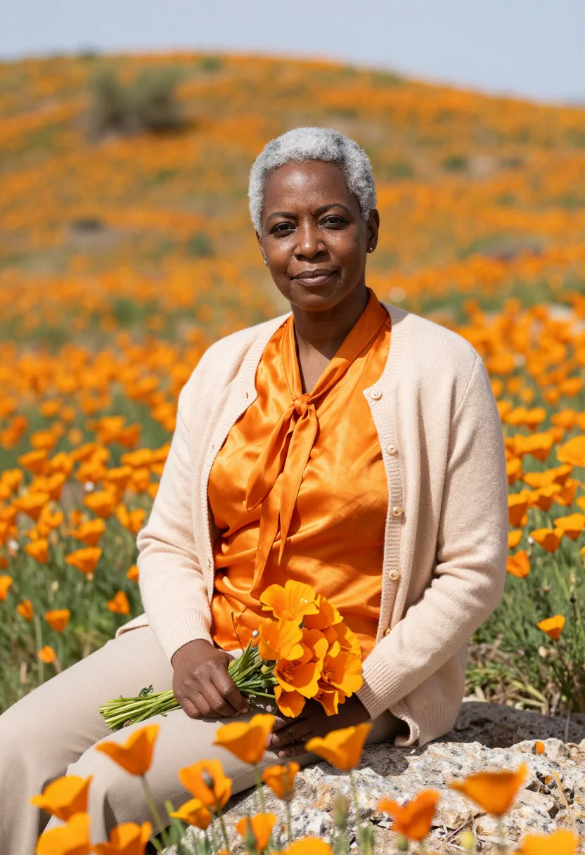 AI antelope valley florist poppy orange sample — portrait of a woman, African-American, in her fifties, with