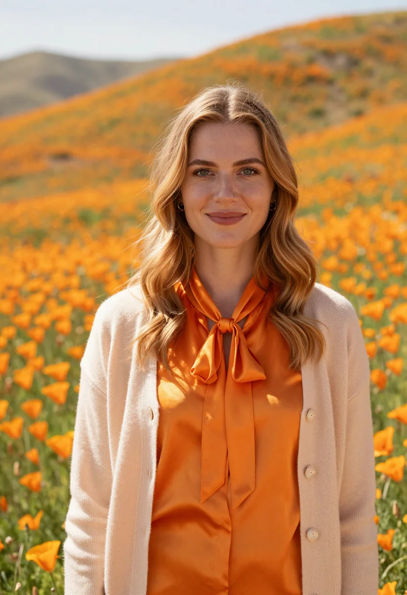 AI antelope valley florist poppy orange sample — portrait of a woman, in her late twenties, with fair skin, g