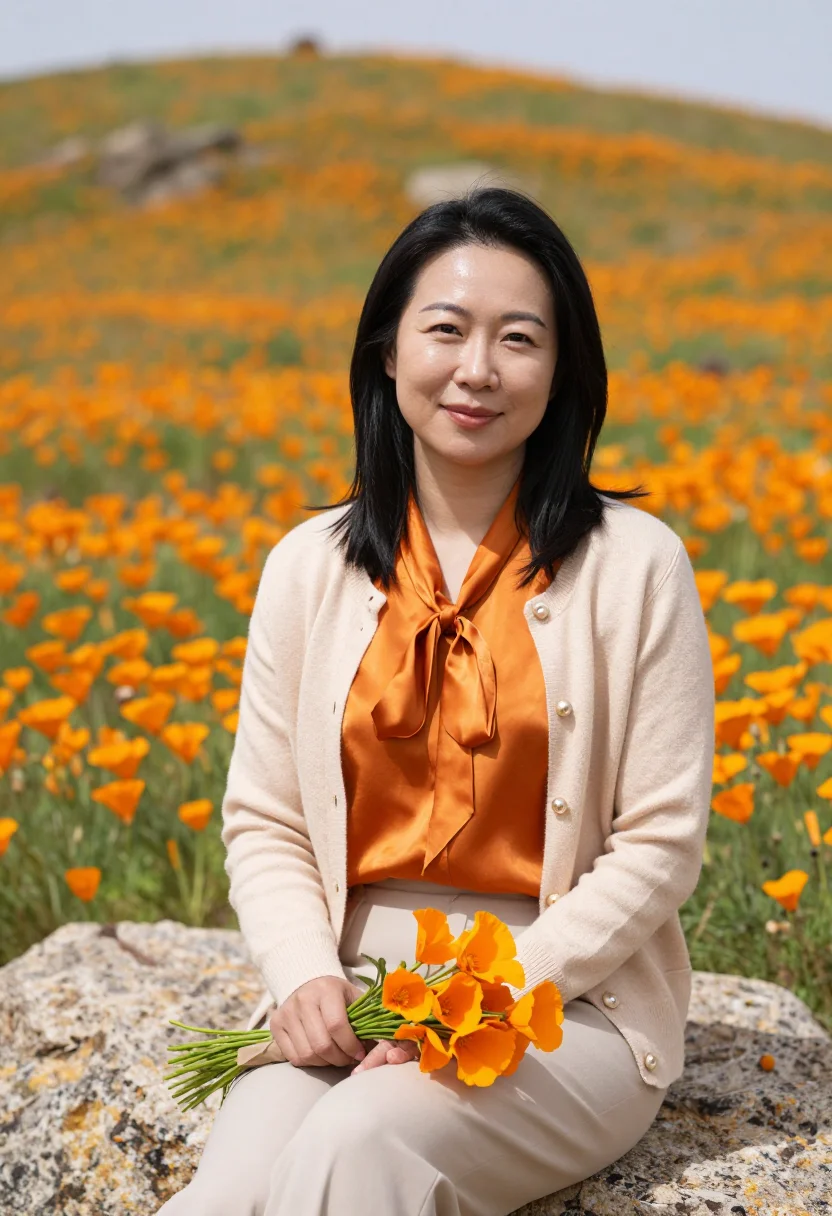 AI antelope valley florist poppy orange sample — portrait of a woman, Korean-American, in her thirties, with
