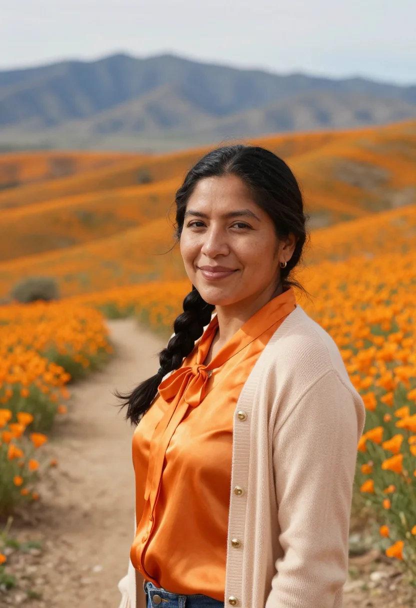 AI antelope valley florist poppy orange sample — portrait of a woman, Salvadoran-American, in her late twenti
