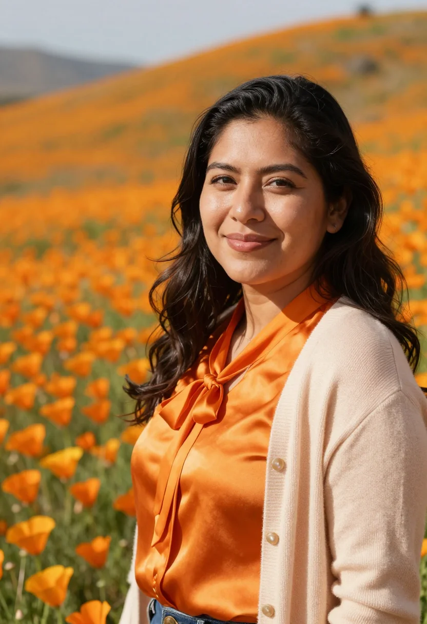 AI antelope valley florist poppy orange sample — portrait of a woman, Mexican-American, in her early thirties