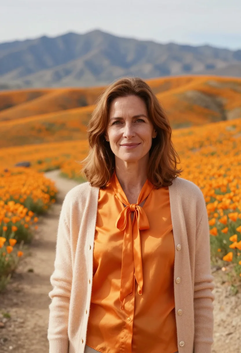 AI antelope valley florist poppy orange sample — portrait of a woman, in her forties, with warm fair skin, ha