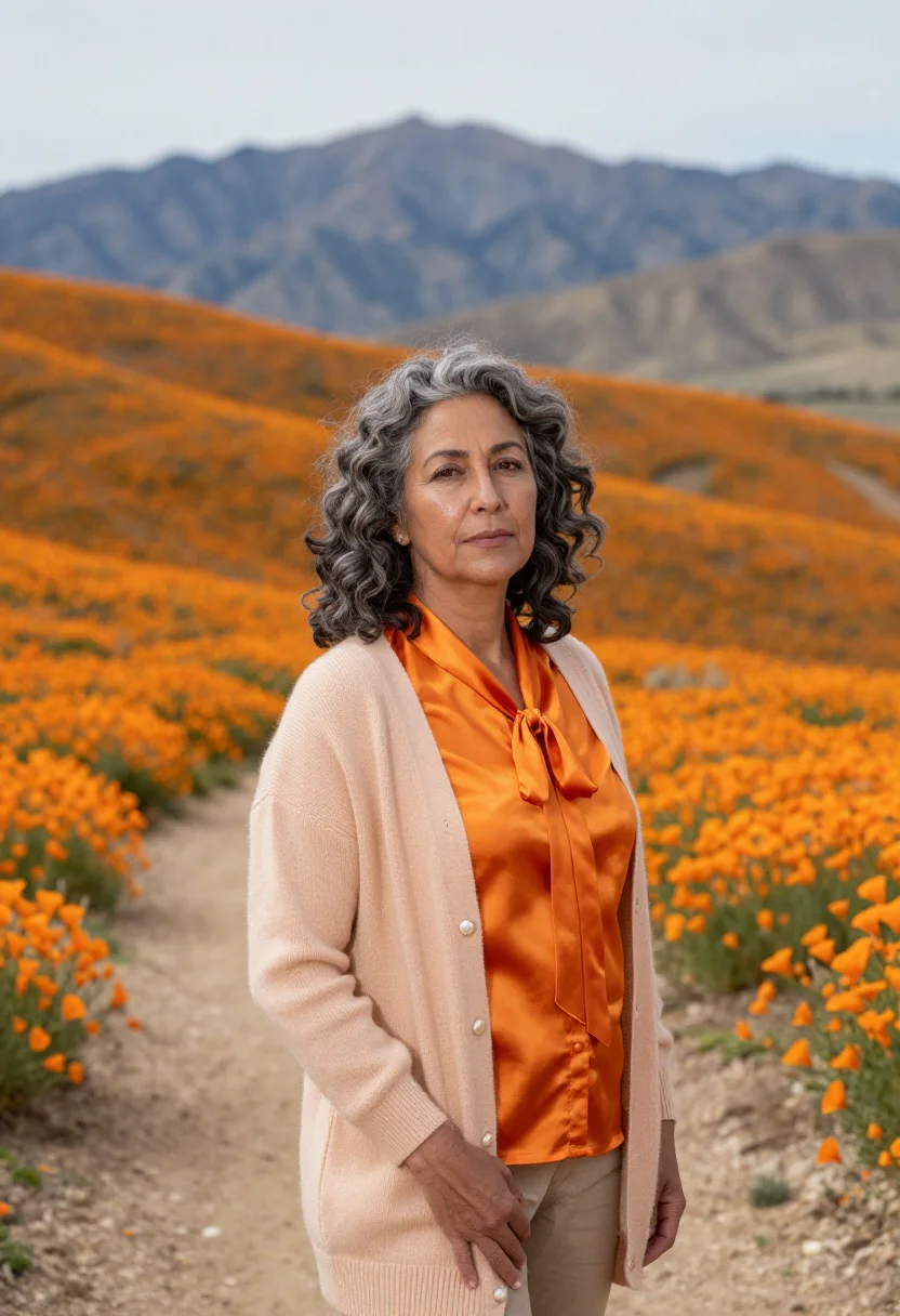 AI antelope valley florist poppy orange sample — portrait of a woman, in her early fifties, with deep olive s