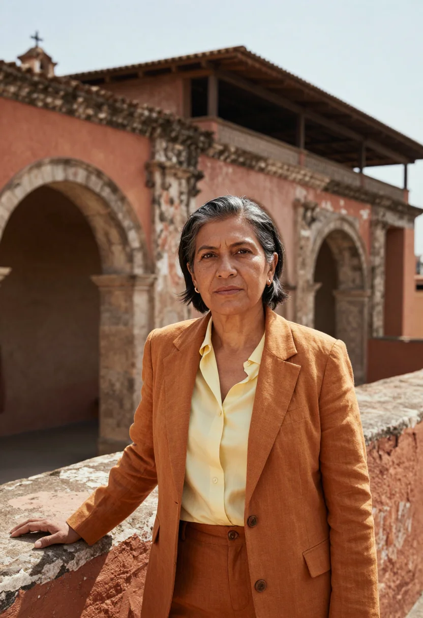 AI antigua guatemala architect ochre ruin volcano sample — portrait of a woman, a Guatemalan architect in her early fif