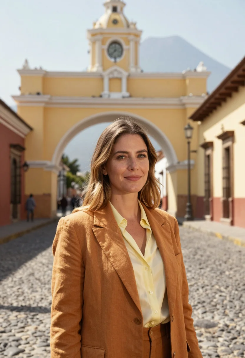 AI antigua guatemala architect ochre ruin volcano sample — portrait of a woman, a French architect in her early forties
