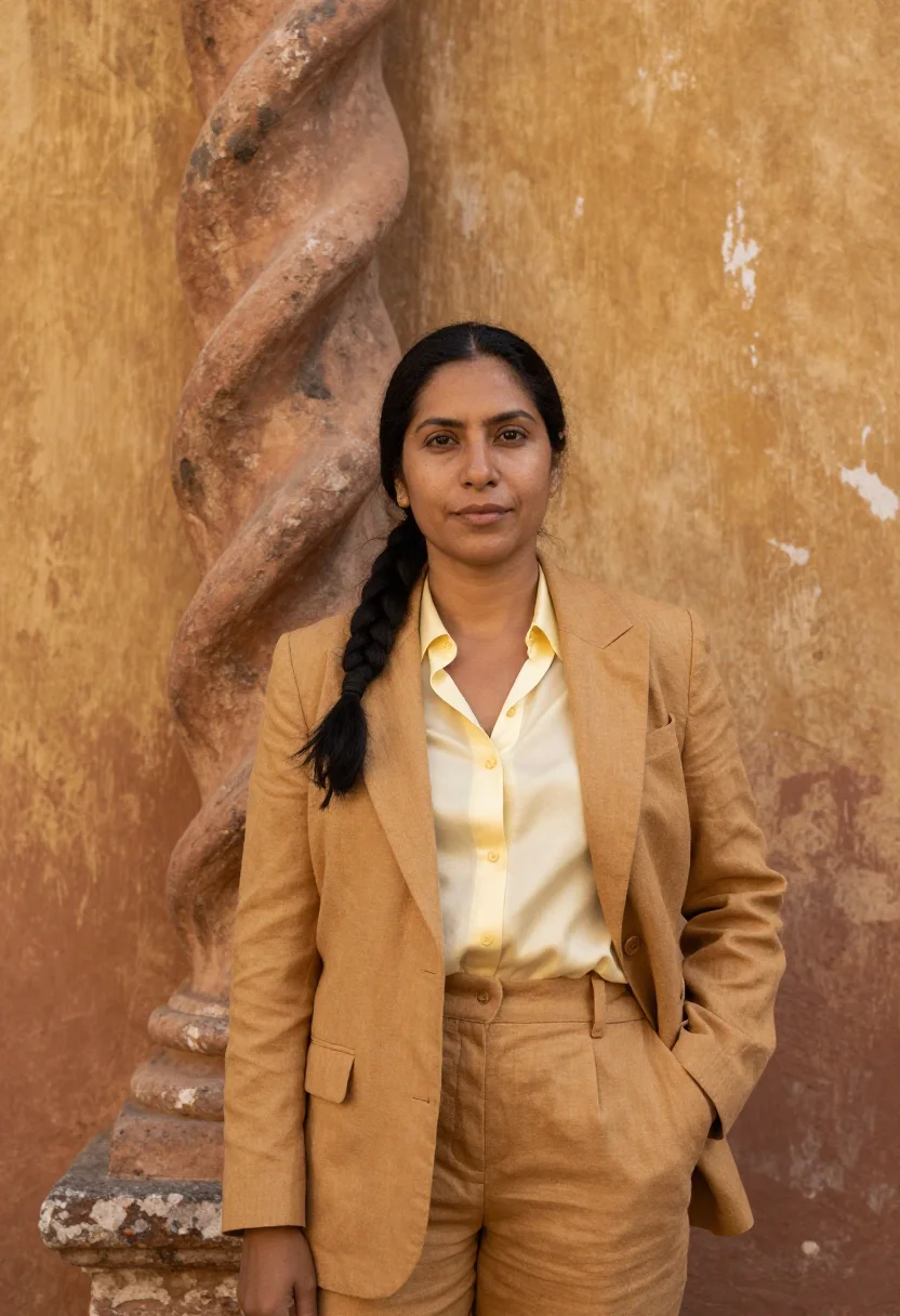 AI antigua guatemala architect ochre ruin volcano sample — portrait of a woman, a Guatemalan Maya architect in her mid-