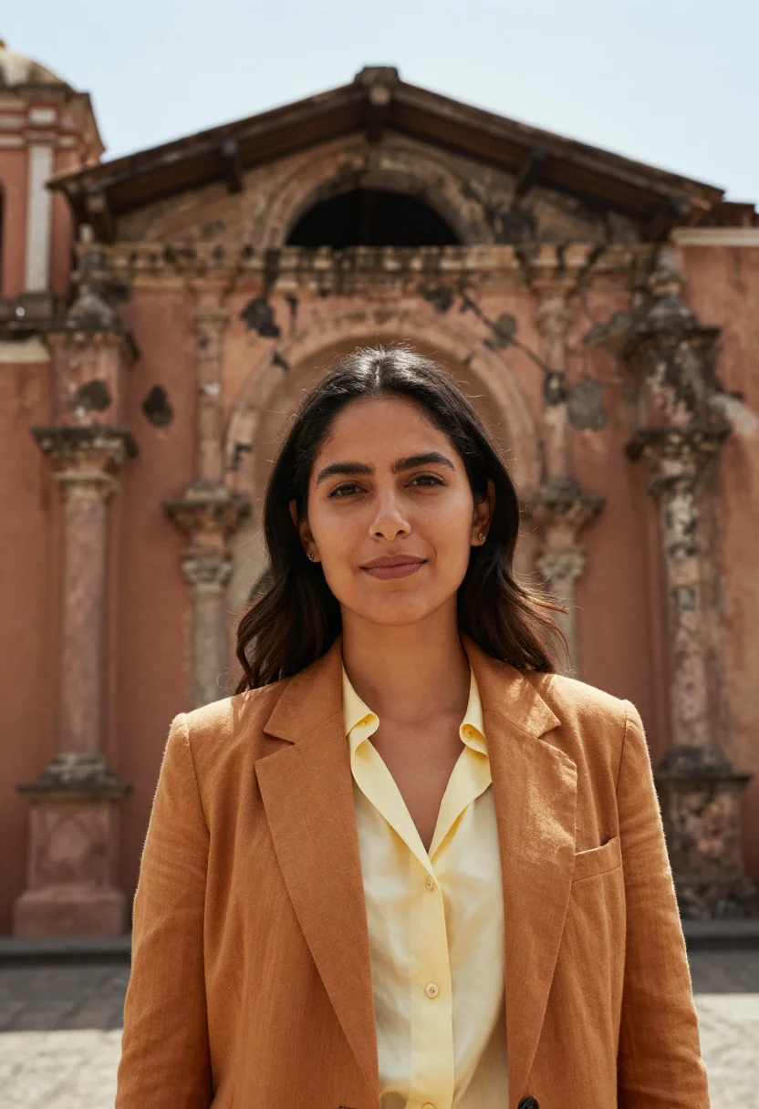 AI antigua guatemala architect ochre ruin volcano sample — portrait of a woman, a Mexican architect in her early thirti