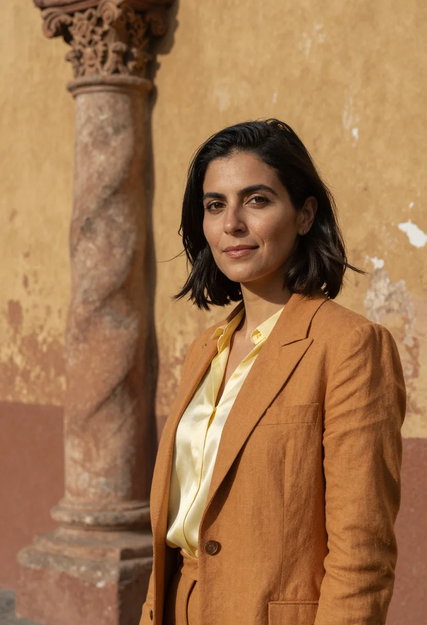 AI antigua guatemala architect ochre ruin volcano sample — portrait of a woman, a Spanish architect in her early fortie