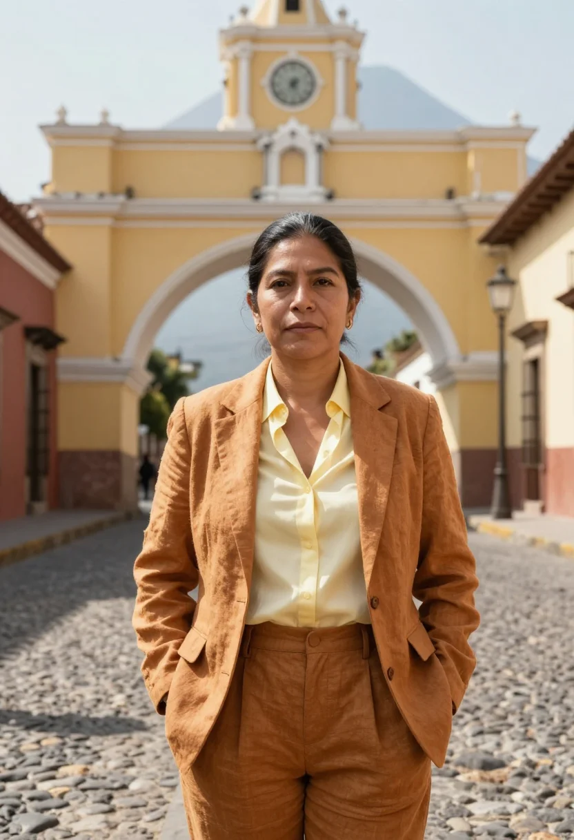 AI antigua guatemala architect ochre ruin volcano sample — portrait of a woman, a Guatemalan architect in her late fort