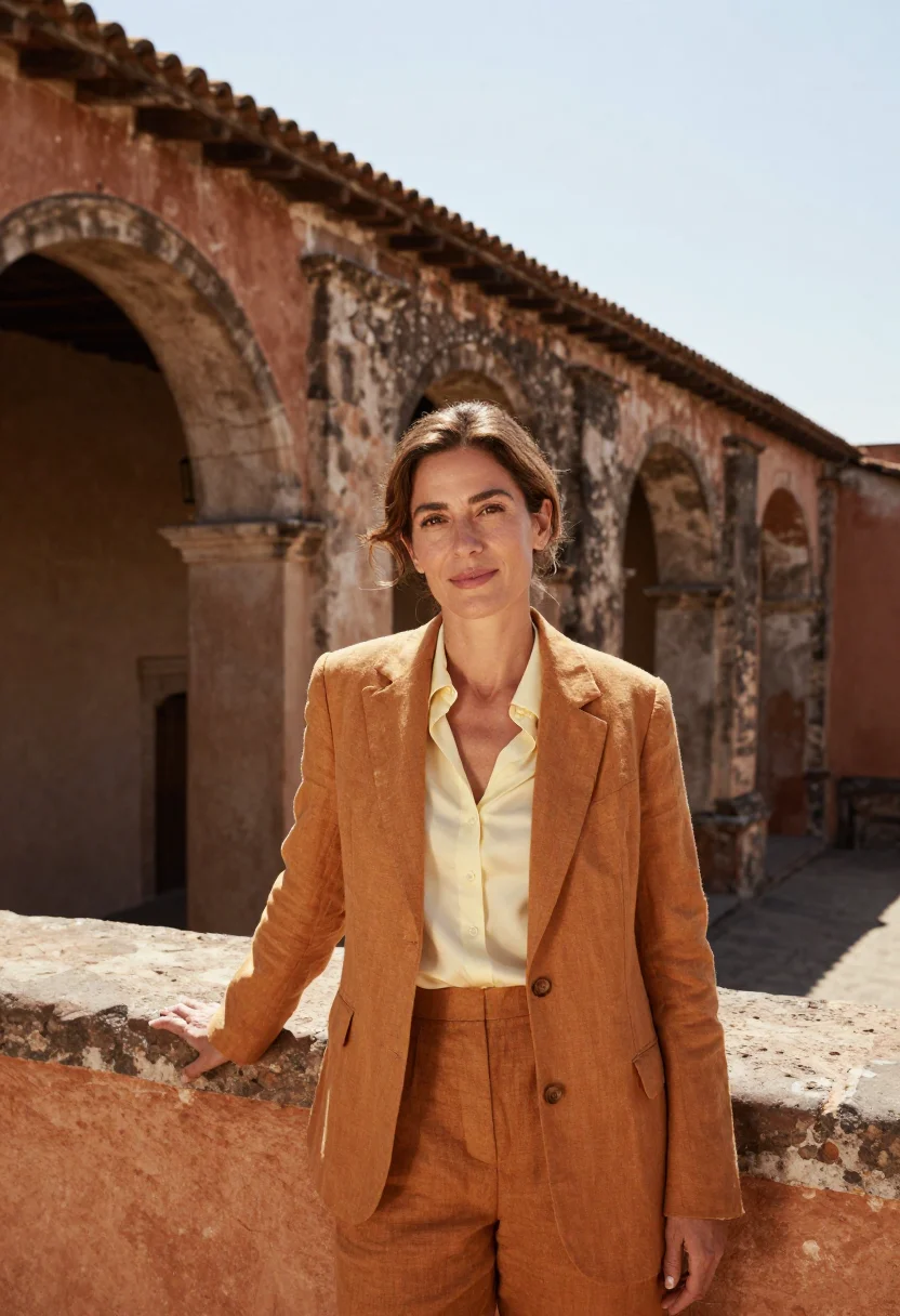 AI antigua guatemala architect ochre ruin volcano sample — portrait of a woman, an Italian architect in her late fortie