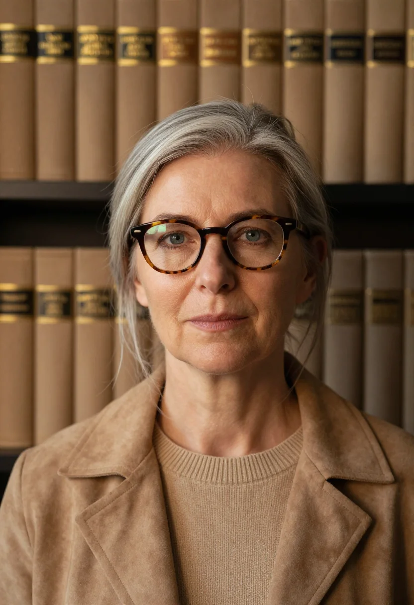 AI antique bookshop tan sample — portrait of a woman, framed as a tight headshot from the cro