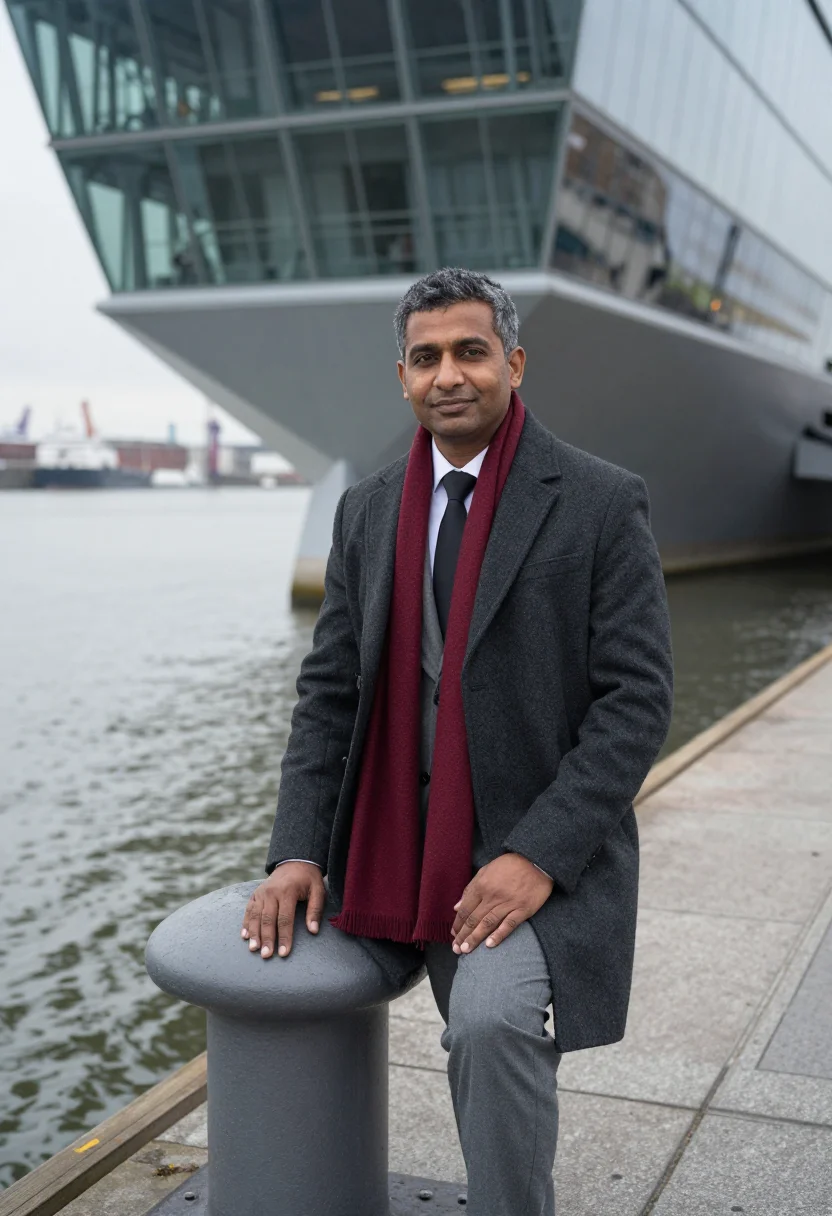 AI antwerp port house executive glass brick red sample — portrait of a man, a port executive of Indian descent in his