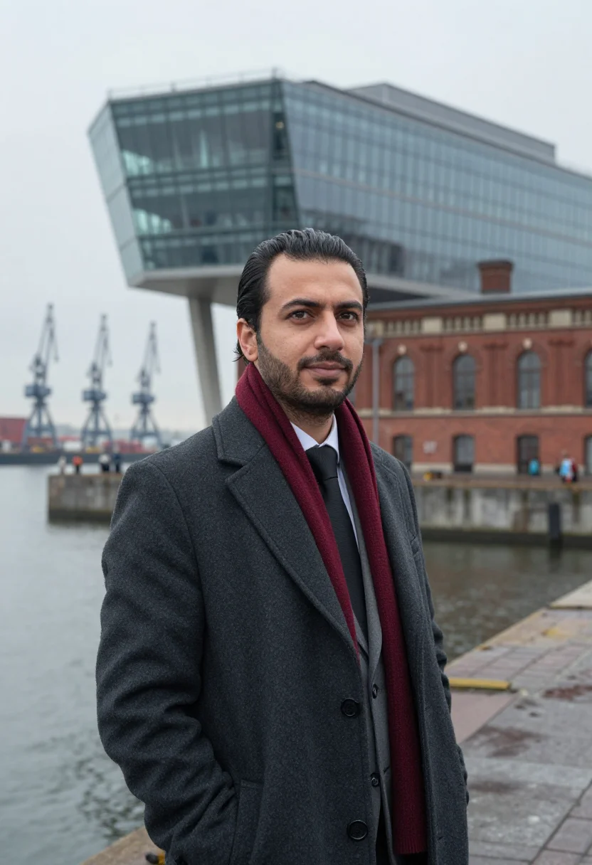 AI antwerp port house executive glass brick red sample — portrait of a man, a port executive of Turkish descent in hi