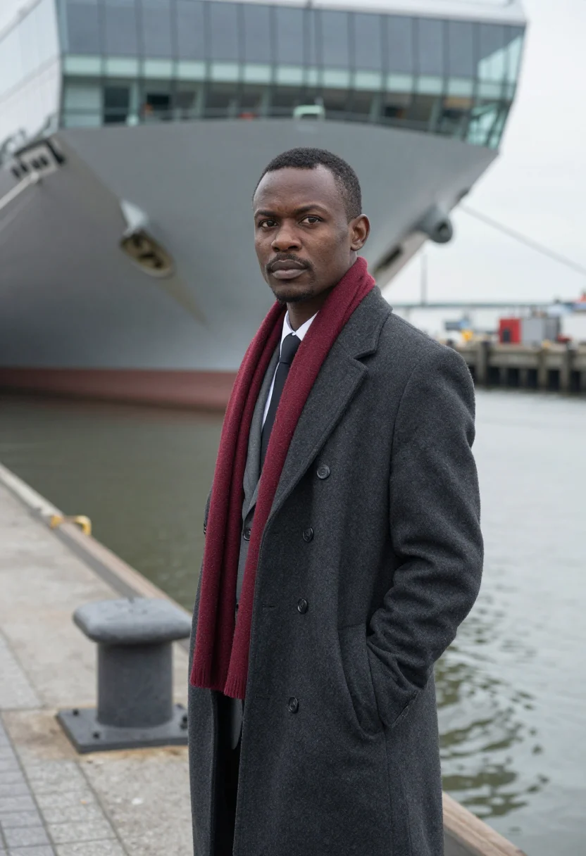 AI antwerp port house executive glass brick red sample — portrait of a man, a port executive of Congolese descent in