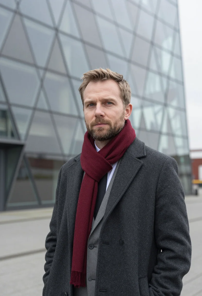 AI antwerp port house executive glass brick red sample — portrait of a man, a port executive in his mid-forties with