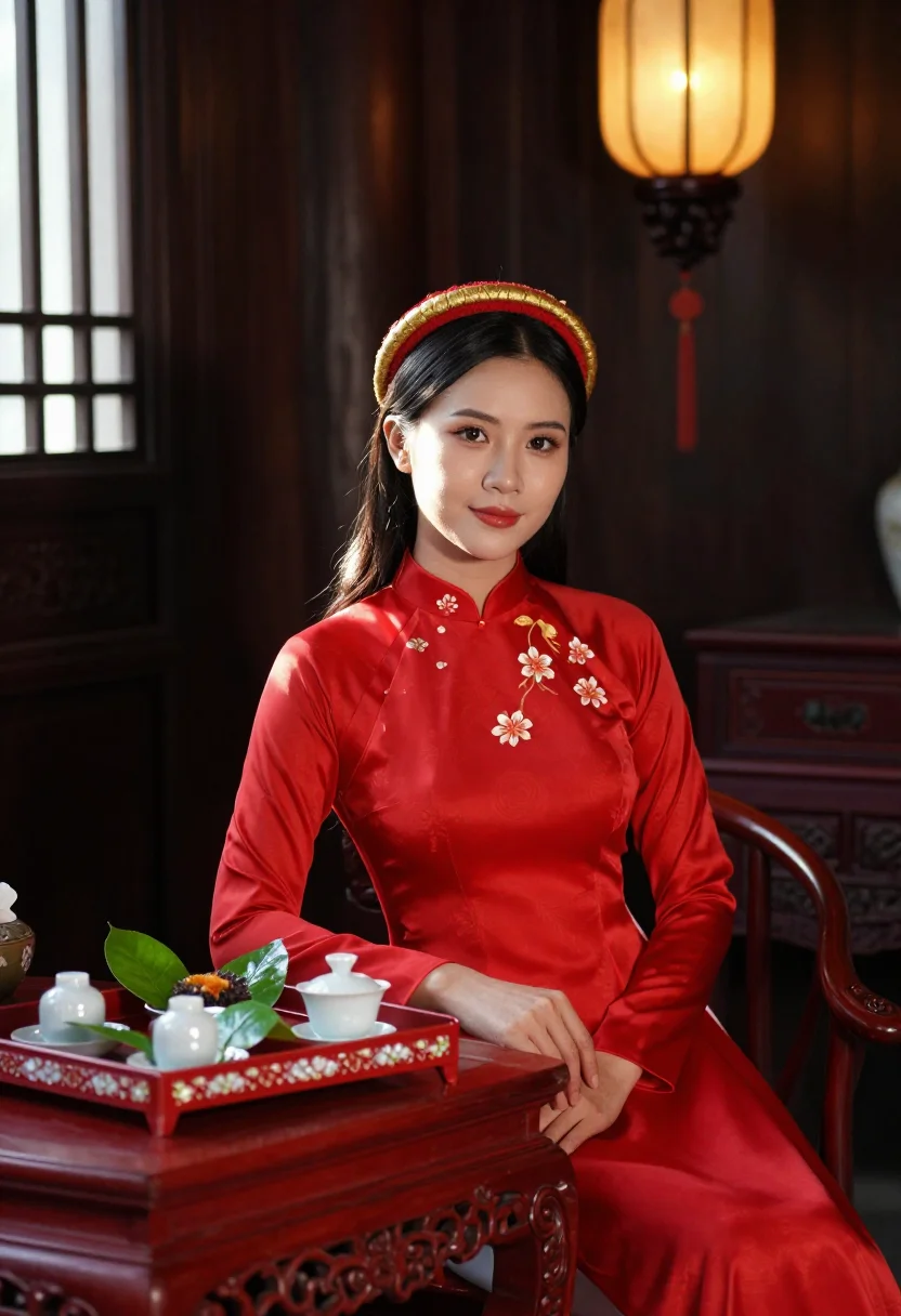 AI ao dai bride sample — portrait of a woman, three-quarter-length portrait of a Viet