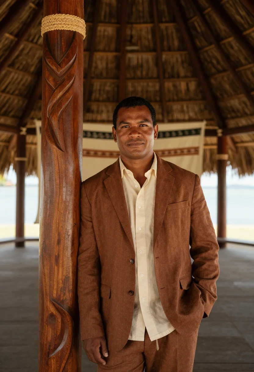 AI apia cultural director tapa brown cream sample — portrait of a man, a cultural director in his forties of Fij