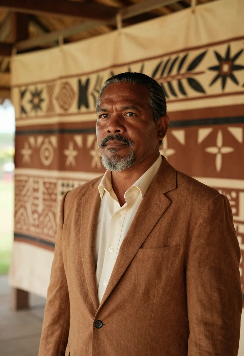 AI apia cultural director tapa brown cream sample — portrait of a man, a cultural director in his early fifties