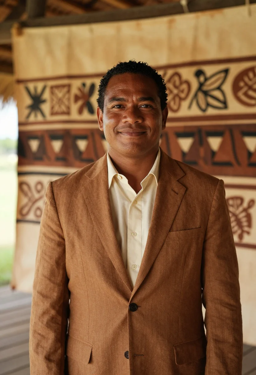 AI apia cultural director tapa brown cream sample — portrait of a man, a cultural director in his mid-forties of