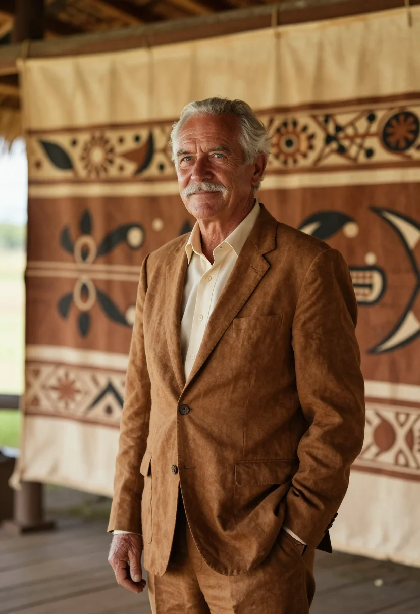 AI apia cultural director tapa brown cream sample — portrait of a man, a cultural director in his sixties of Sco