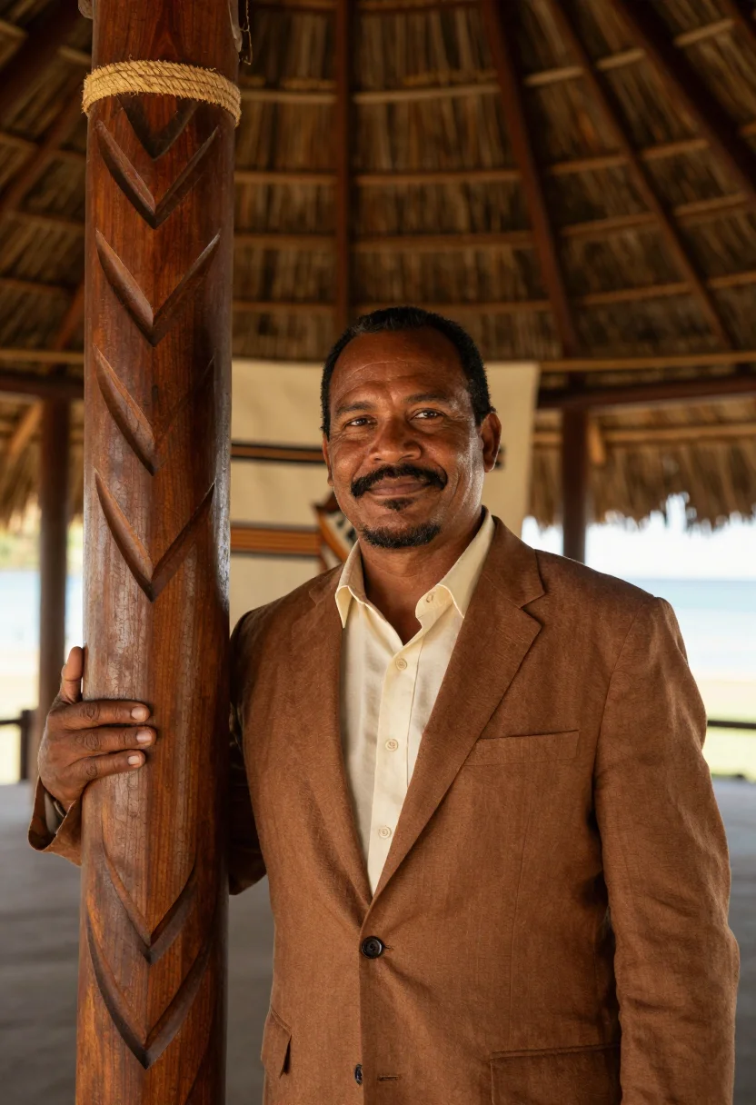 AI apia cultural director tapa brown cream sample — portrait of a man, a cultural director in his fifties of Mao