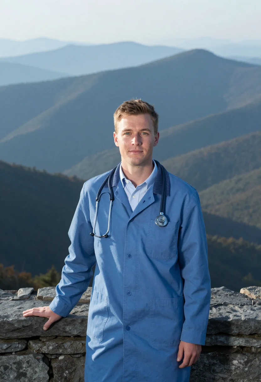AI appalachian country doctor blue haze sample — portrait of a man, in his late twenties, with fair skin, gre