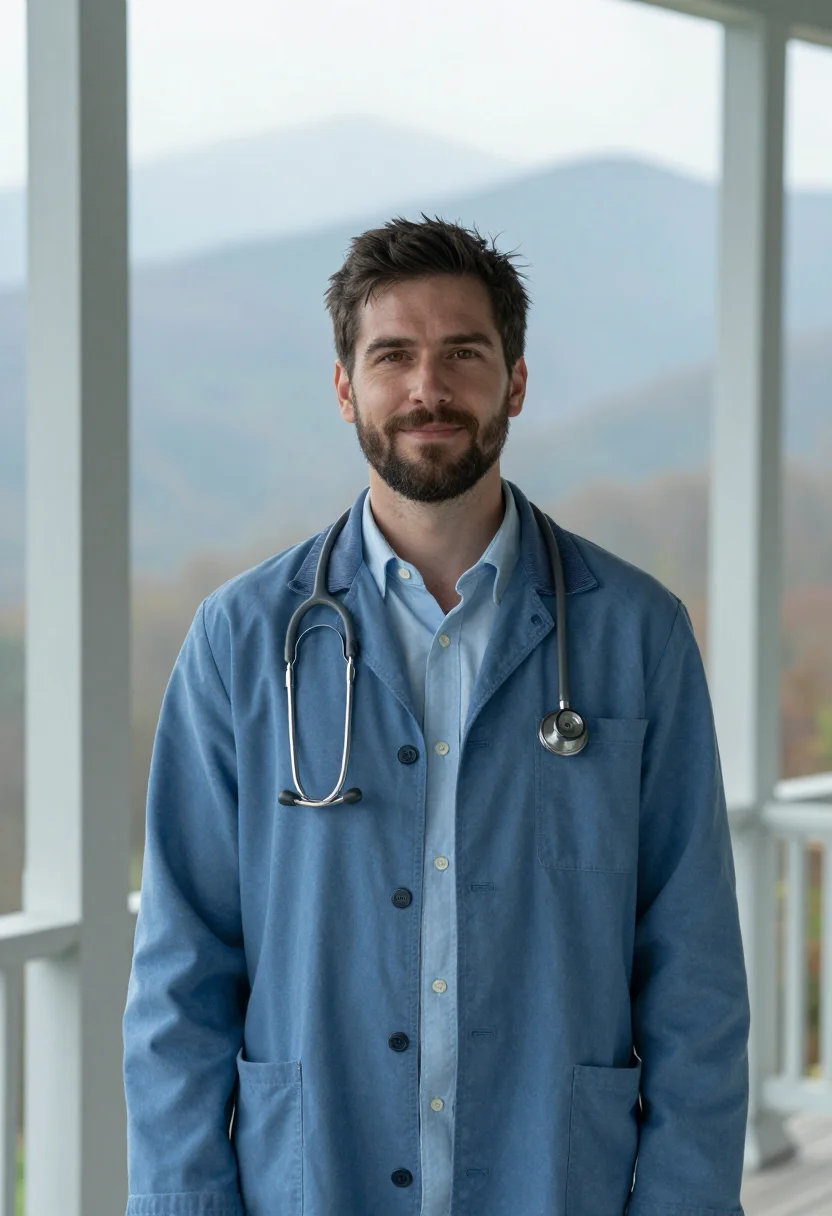AI appalachian country doctor blue haze sample — portrait of a man, in his late thirties, with fair skin, bro