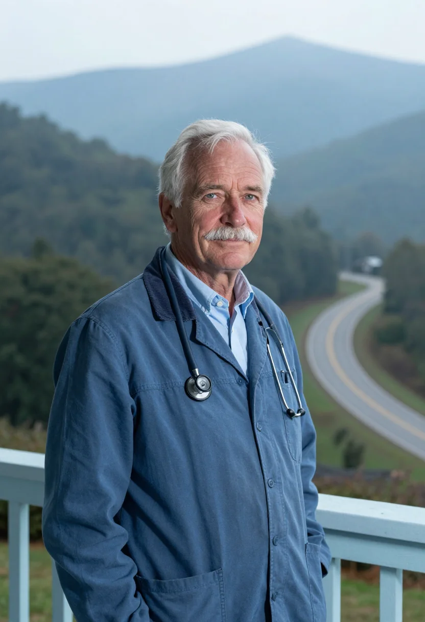 AI appalachian country doctor blue haze sample — portrait of a man, in his sixties, with ruddy fair skin, gre