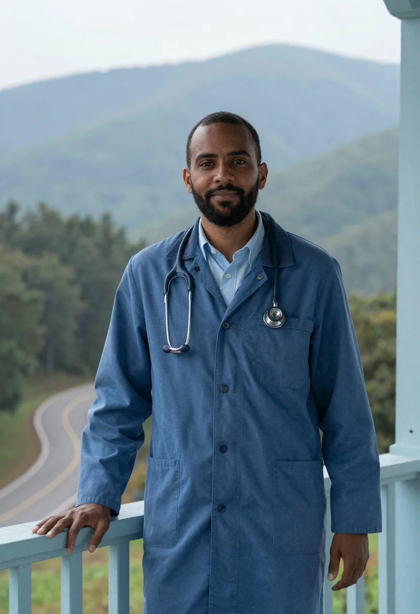 AI appalachian country doctor blue haze sample — portrait of a man, in his early forties, with deep brown ski