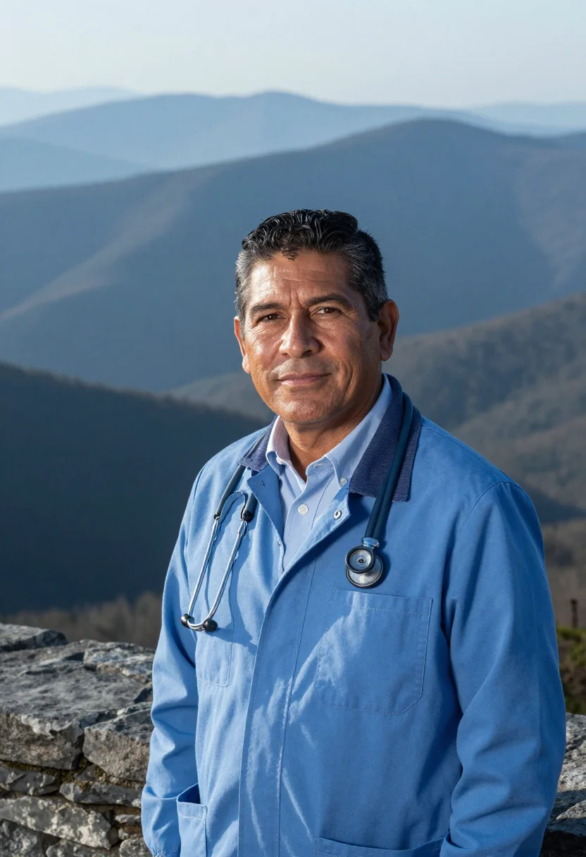AI appalachian country doctor blue haze sample — portrait of a man, in his late forties, a Mexican-American c