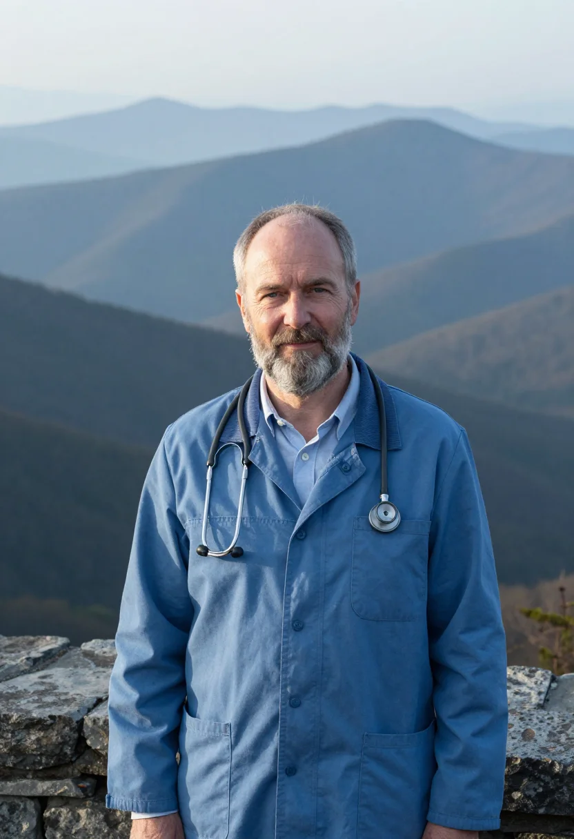 AI appalachian country doctor blue haze sample — portrait of a man, in his mid-fifties, with fair skin, blue-