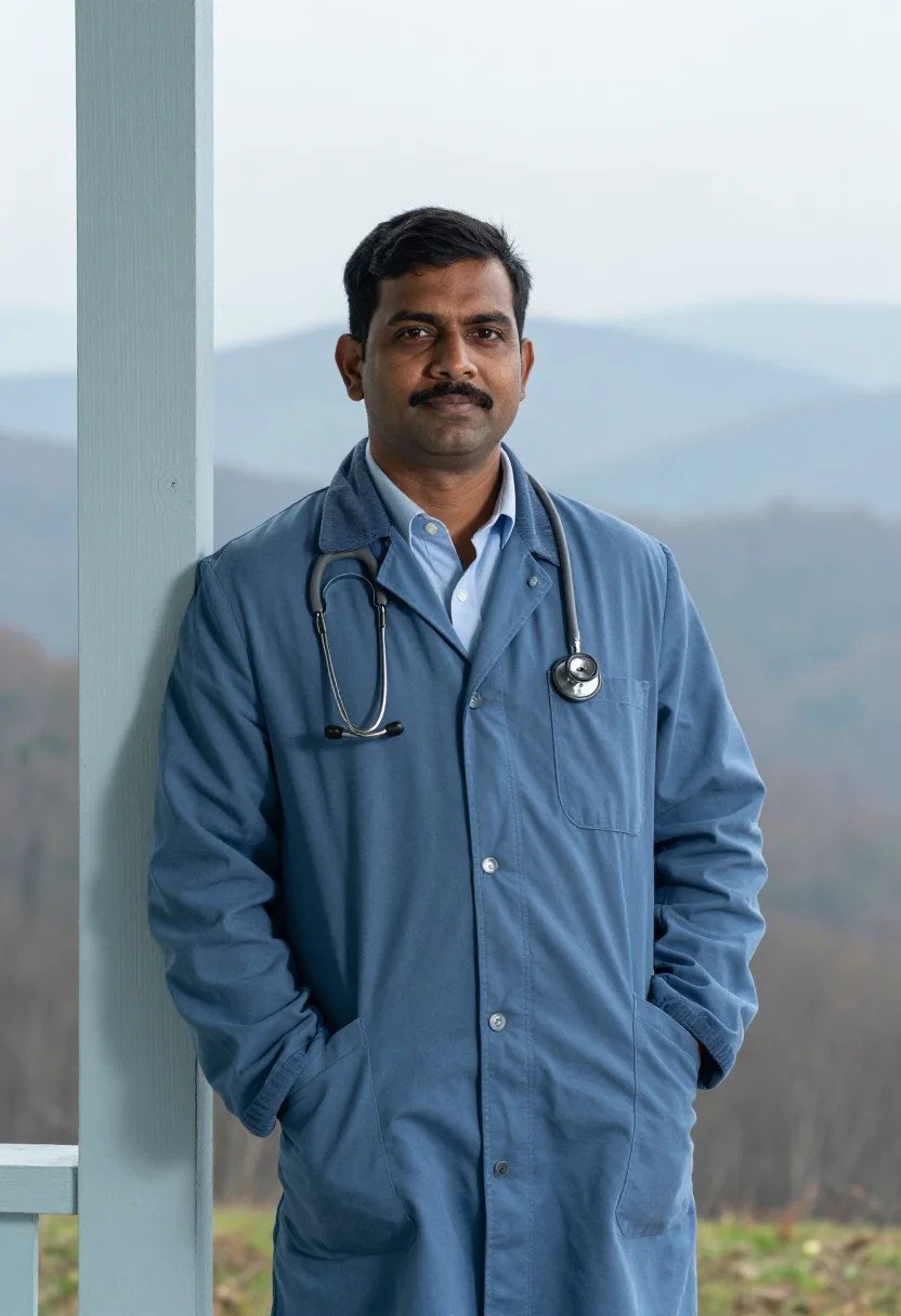 AI appalachian country doctor blue haze sample — portrait of a man, in his forties, an Indian-American countr