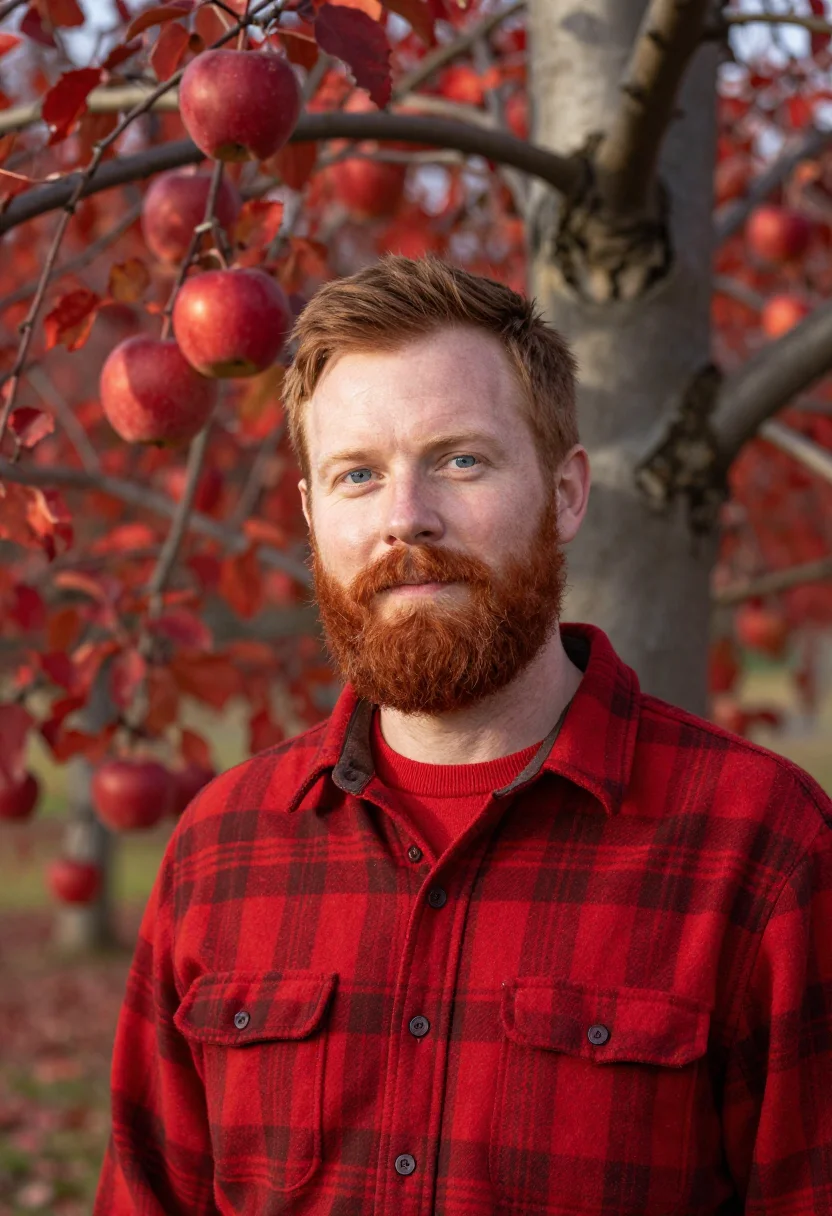 AI apple orchard plaid red sample — portrait of a man, framed tight, head and shoulders, the bod