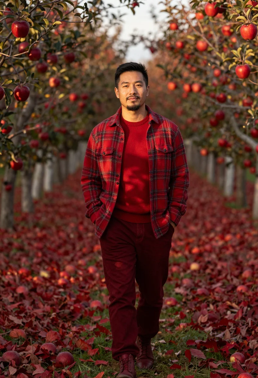 AI apple orchard plaid red sample — portrait of a man, framed three-quarter length from the knee
