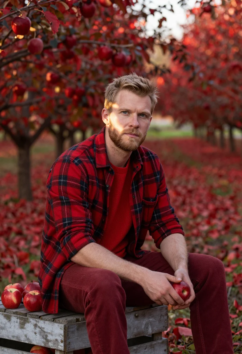 AI apple orchard plaid red sample — portrait of a man, framed half-length from the hips up, a mo