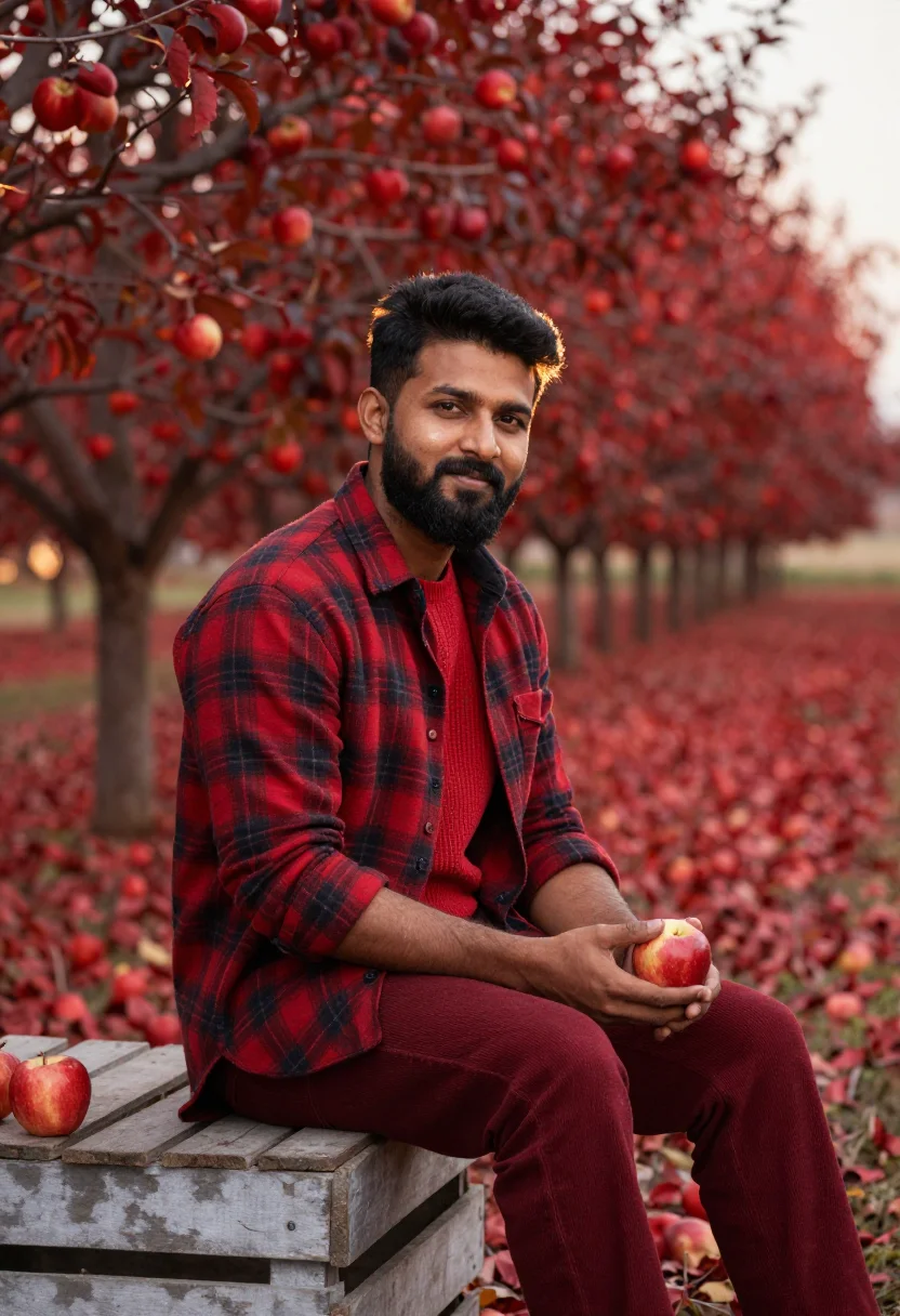AI apple orchard plaid red sample — portrait of a man, framed three-quarter length from the knee